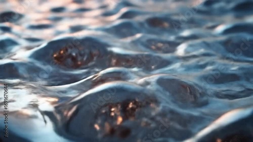 Mesmerizing macro view of a dark, viscous fluid surface with rolling waves capturing the glowing light of a sunset
