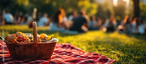 Fototapeta Naklejka Na Ścianę i Meble -  Picnic basket on a blanket in a park