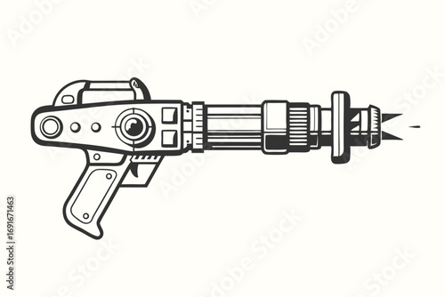 Retro Ray Gun with Blue Flame on a White Background