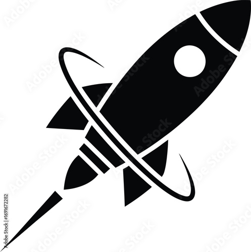 Dynamic rocket launching into space with orbit trails symbolizing progress and exploration silhouette