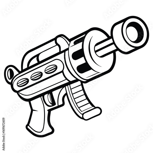 Retro Styled Ray Gun with a Blue Beam on White Background, Futuristic Toy
