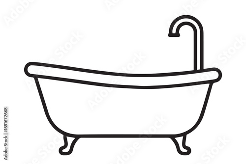 A vector bathroom element features a simple elegant bathtub, portrayed in monochrome design with sharp black and white tones and strong black outlines.