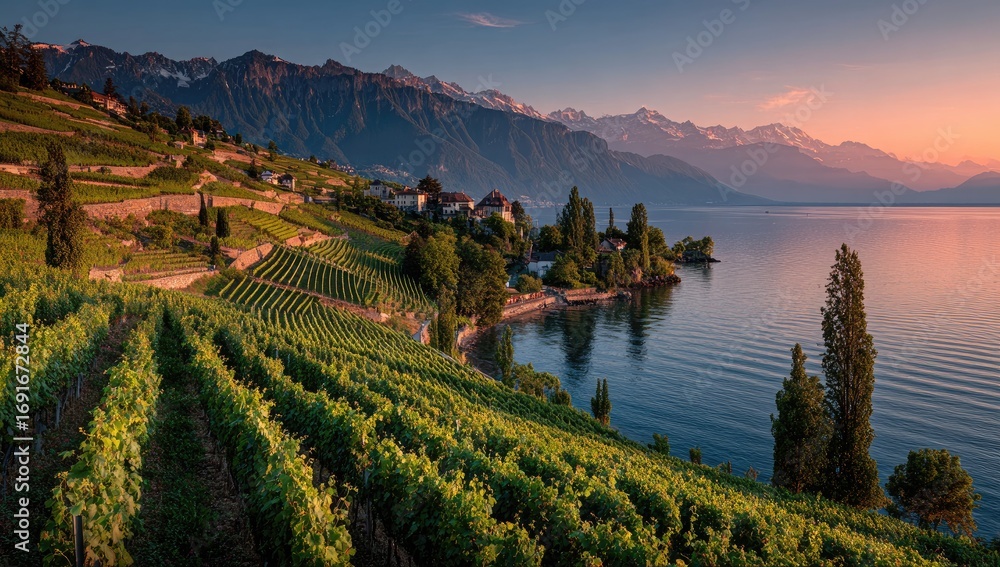 Naklejka premium Vineyard terraces on Lake Geneva at sunrise