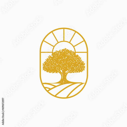 Elegant gold line art logo of a large oak tree on rolling hills with a rising sun, enclosed in a minimalist oval frame