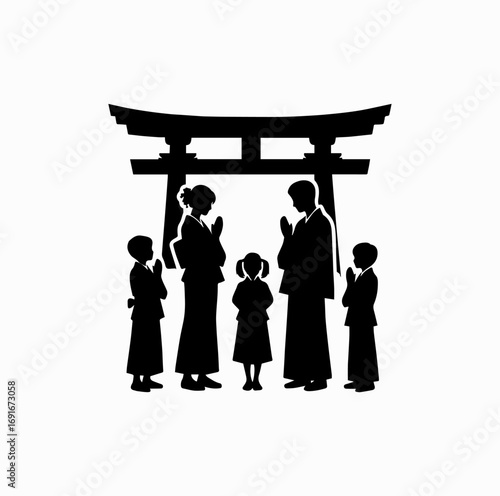 Family at Shrine Silhouette – Japanese Shinto Tradition