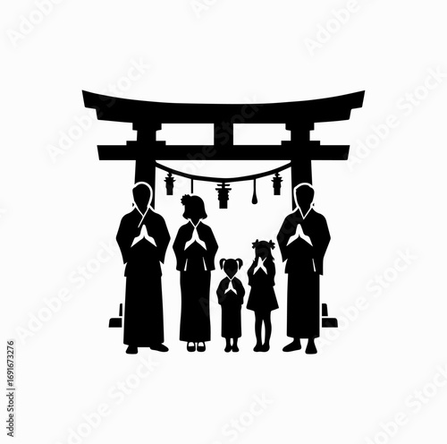Family at Shrine Silhouette – Japanese Shinto Tradition