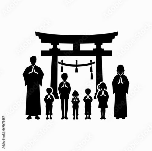 Family at Shrine Silhouette – Japanese Shinto Tradition