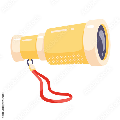 Golden spyglass telescope with a red lanyard for a lookout spotting land in a Columbus Day exploration concept.