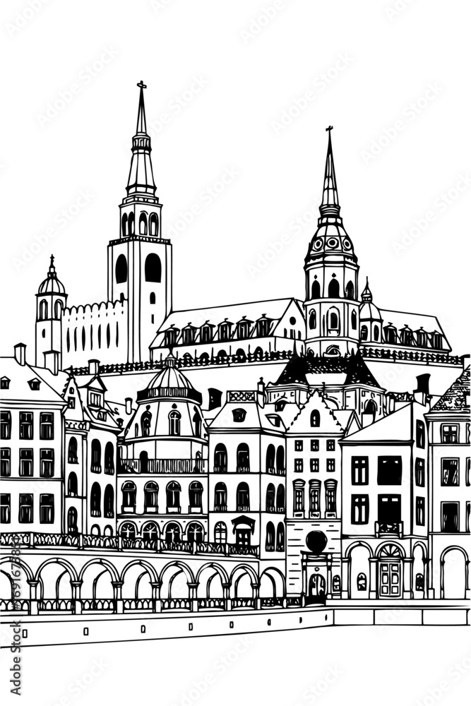 Obraz premium Krakow, Poland black and white coloring page for adults. Europe city, cityscape, buildings, cathedral, castle vector outline doodle sketch for anti stress color book