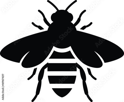 Silhouette of a stylized honey bee insect with striped abdomen and wings extended silhouette