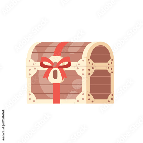 Wooden treasure chest with a red ribbon bow and metal fittings, symbolizing the riches of the New World for Columbus Day.
