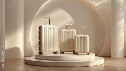 Three cream-colored suitcases on a light beige podium