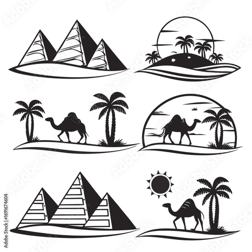 Collection of stylized black and white vector illustrations featuring egyptian pyramids camels palm trees and desert landscapes under a sun and moon