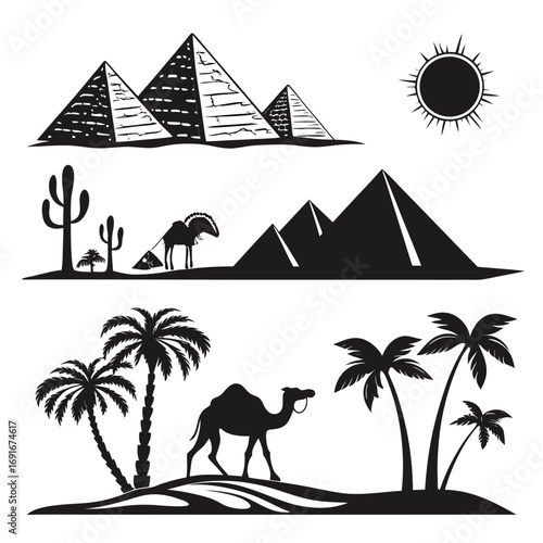 Iconic egyptian pyramids and desert landscapes with camels and palm trees under a bright sun silhouette