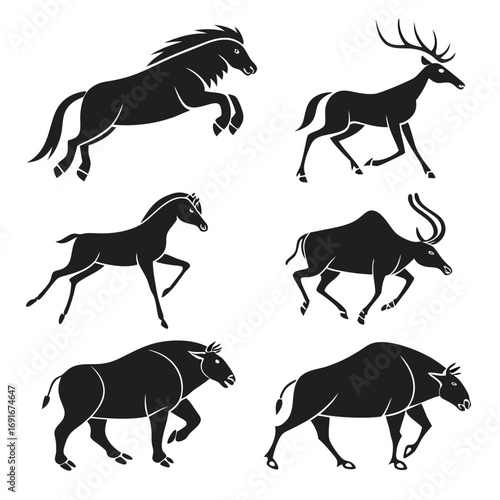 Collection of six stylized black silhouette illustrations of various wild animals including horses a deer and bovines in dynamic poses against a white background