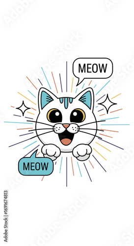 A happy cartoon cat with big eyes says meow with radiating lines and sparkling stars around its face