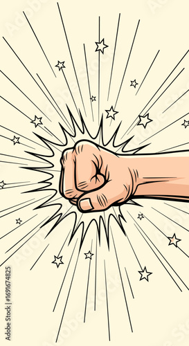 Powerful fist punch impact bursting starburst explosion dynamic action motion illustration