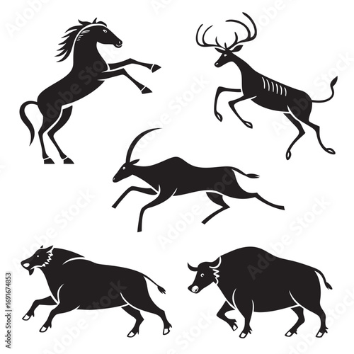Collection of stylized black silhouettes of wild animals including a rearing horse leaping deer running antelope and charging bull and bison on a white background