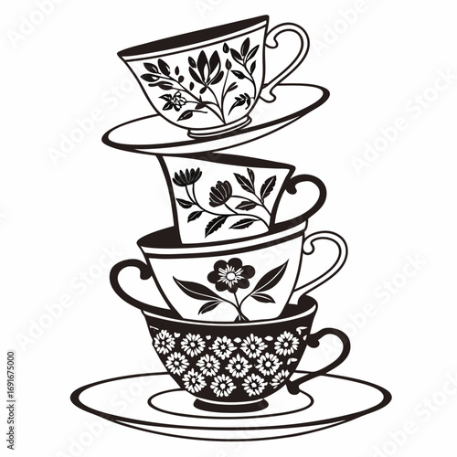 Stack of four vintage teacups with floral patterns in black and white silhouette perfect for tea party or cafe decor