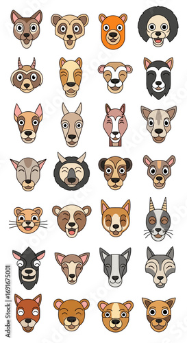 Collection of adorable pixel art animal faces featuring diverse mammalian creatures in a charming display