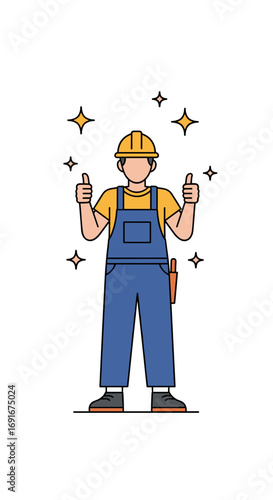 Skilled construction worker in safety helmet and blue overalls gives a double thumbs up gesture