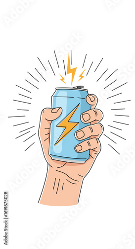 Hand holding a refreshing energy drink can with a lightning bolt symbol and radiating energy waves illustrating power and alertness
