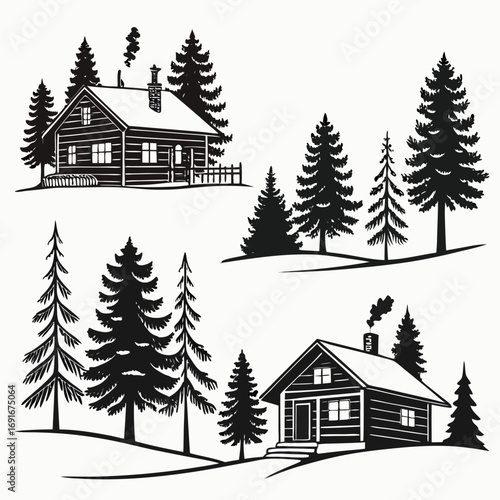 Rustic log cabins nestled among evergreen trees in a serene forest landscape evoking a sense of wilderness and peaceful solitude