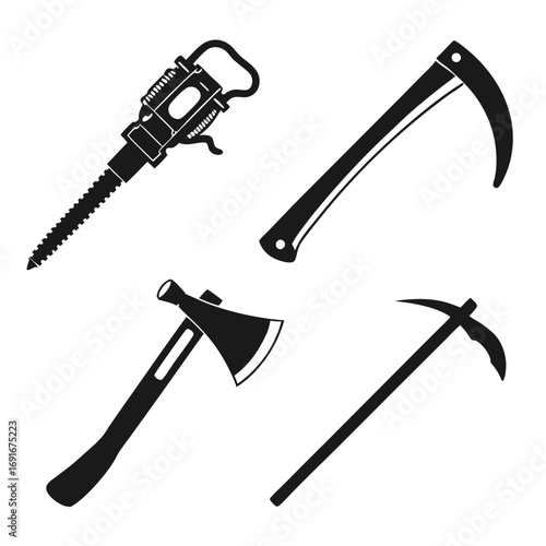 Collection of four black silhouette icons representing tools for breaking ground and cutting including a jackhammer scythe axe and pickaxe on a white background