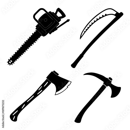 Collection of black silhouette icons representing a chainsaw scythe axe and pickaxe symbolizing tools for cutting harvesting and demolition