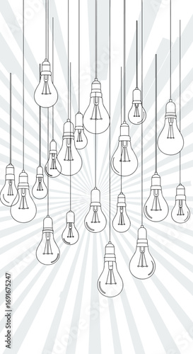 A collection of various light bulbs suspended from overhead cables illuminating a sunburst background