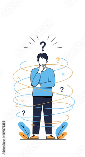 A thoughtful person surrounded by swirling thoughts and questions seeking answers for complex problems