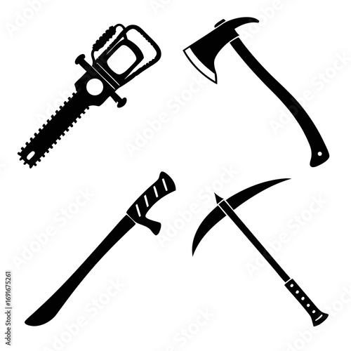 Collection of black silhouette icons representing essential tools for rescue and survival including a chainsaw axe machete and pickaxe on a white background