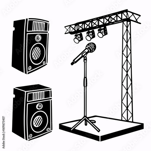 A black and white illustration of a stage setup with two speakers a microphone on a stand and stage lighting on a truss