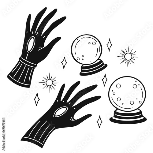 Mystical black and white illustration featuring two stylized hands with a gemstone on the palm two crystal balls and celestial sunbursts and stars evoking a sense of magic and fortune telling