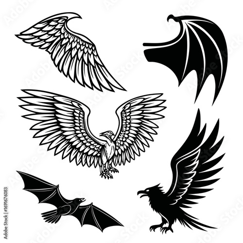 Collection of stylized black and white wing illustrations featuring birds of prey a bat and a demonic wing perfect for graphic design and tattoo art