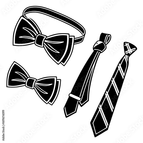 A collection of black and white graphic illustrations of bow ties and neckties representing formal wear accessories for men and boys suitable for design elements
