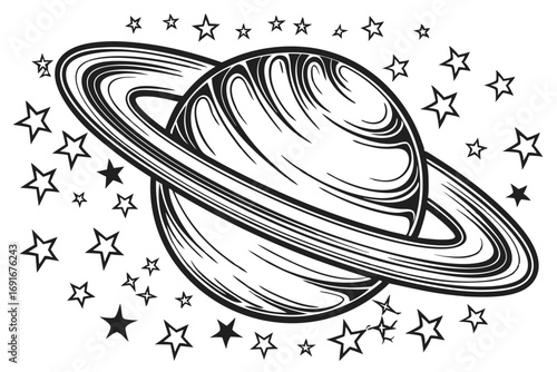 Saturn Planet with Rings and Stars on White Background Isolated