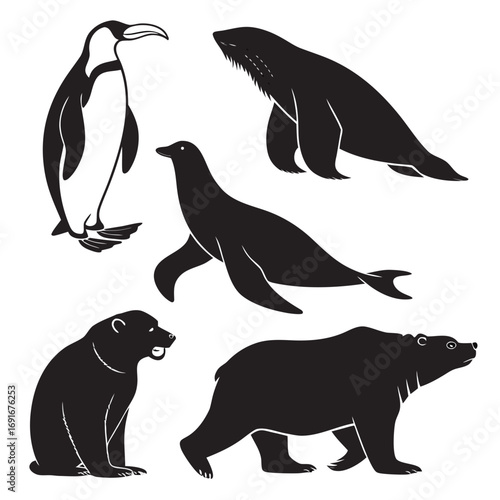 Collection of black and white silhouette illustrations of arctic and antarctic animals including a penguin two seals and two bears on a white background