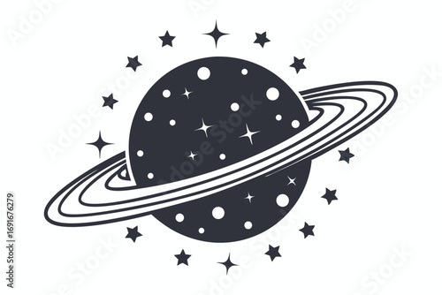 Saturn Planet with Rings and Stars, Monochrome Icon on White Background