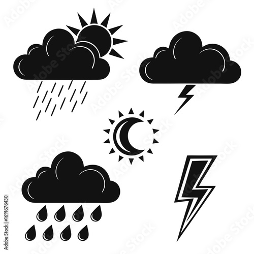 Collection of black weather icons including sun behind clouds with rain storm cloud with lightning crescent moon with sun rays and rain cloud with drops
