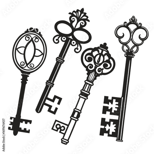 Collection of four ornate vintage skeleton keys in black silhouette on a white background representing antique access and mystery