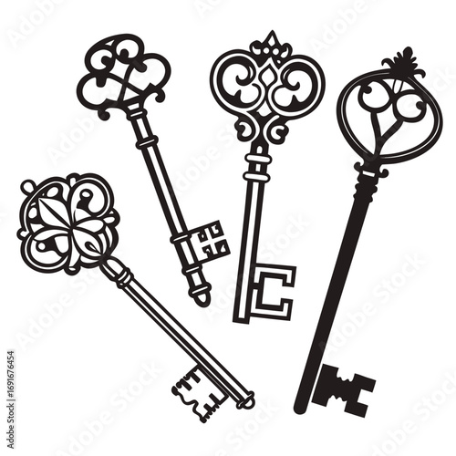 Collection of ornate antique skeleton keys in black silhouette on a white background representing access secrets and vintage design elements
