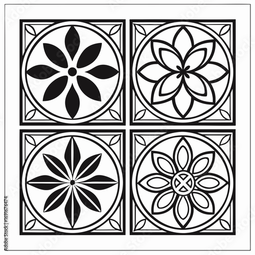 A collection of four distinct black and white geometric floral tile designs arranged in a square grid showcasing symmetry and intricate patterns