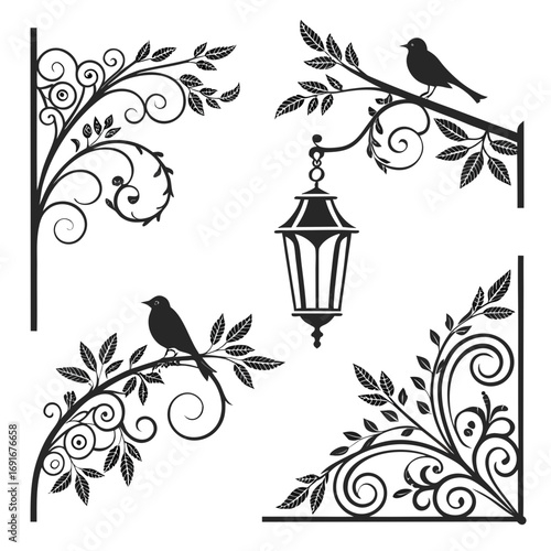 Decorative wrought iron floral corner elements with birds and a hanging lantern perfect for vintage and elegant design accents