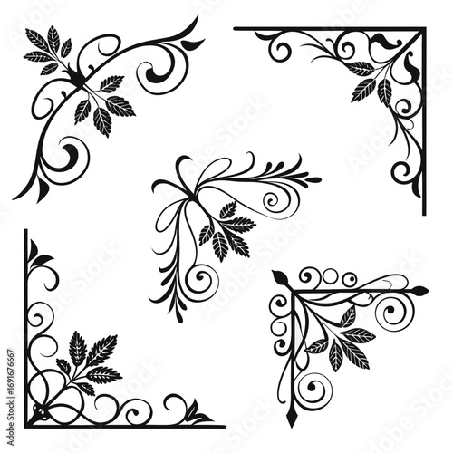 Collection of five elegant black decorative floral corner elements with swirling vines and leaves on a white background for graphic design and invitations