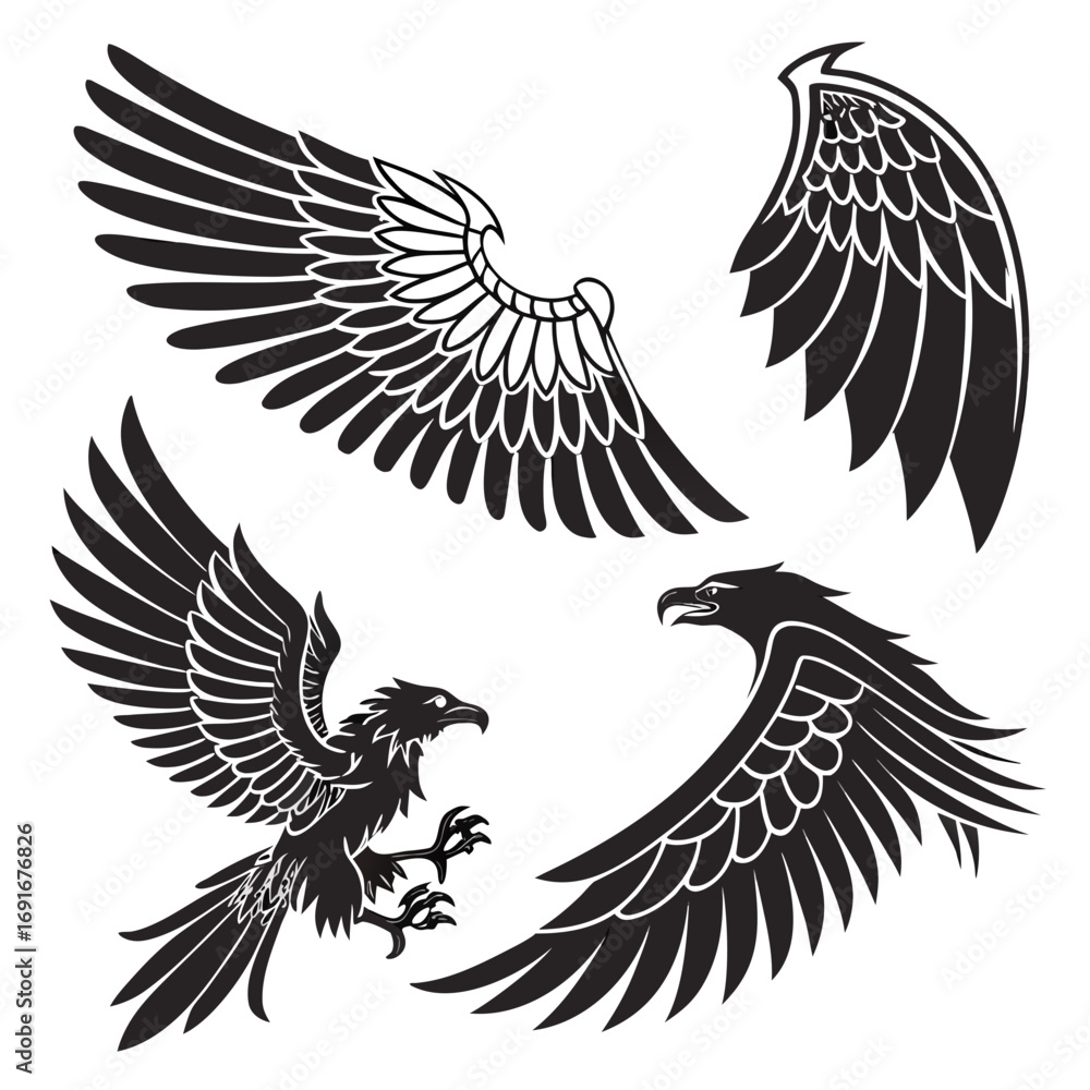 Obraz premium Collection of stylized black eagle wings and birds in flight perfect for graphic design tattoos and emblems