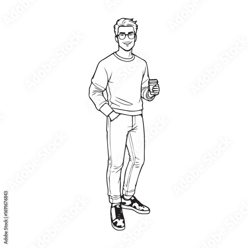 Handsome Man Black and White Illustration Vector Image Male Portrait Fashion Sketch Line Art Design	

