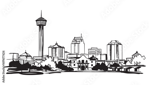 San Antonio, Texas cityscape landscape building abstract brush vector illustration