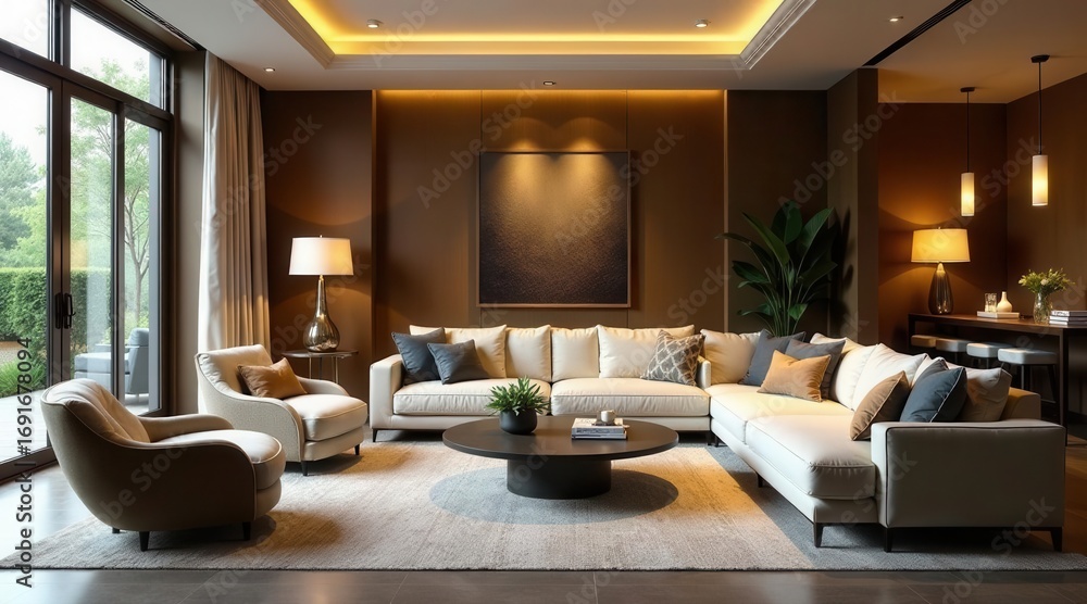 Fototapeta premium Luxurious Modern Living Room Interior Design with Sectional Sofa and Accent Chairs, Elegant Lighting, and Tranquil Views