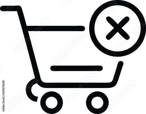Shopping Cart Black Outline with Cross Symbol Isolated on a White Background